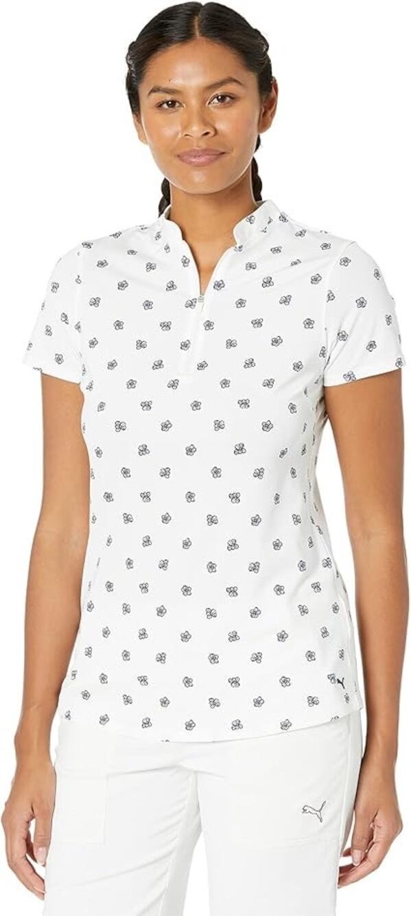 Puma White + Blue Hibiscus Floral Print Zip Closure Polo - Medium